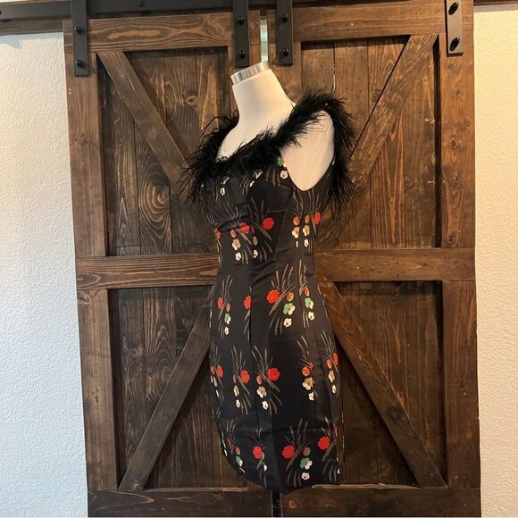 New Rixofloral-print feather-trim dress Sz-2 USA - Picture 7 of 15